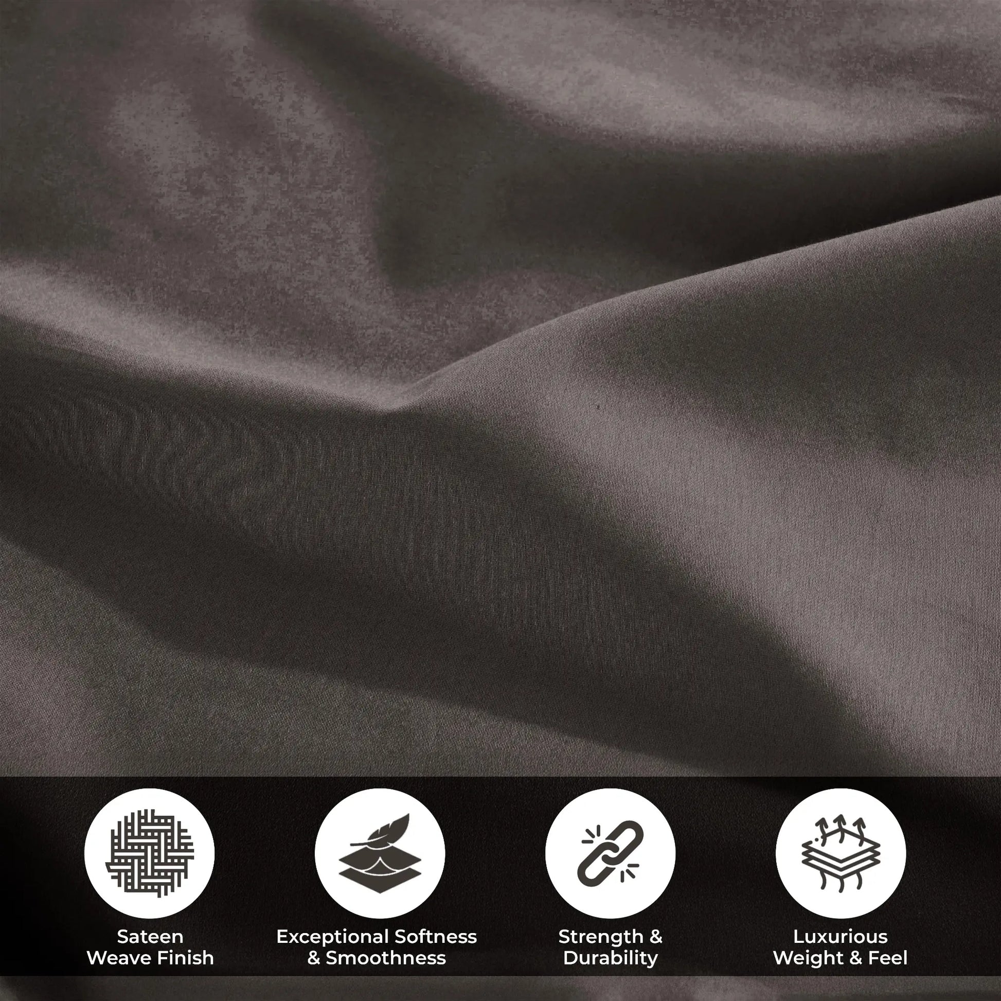 Lifestyle and feature graphic showing gray 700 Thread Count Egyptian Cotton Sateen fabric texture and quality highlights