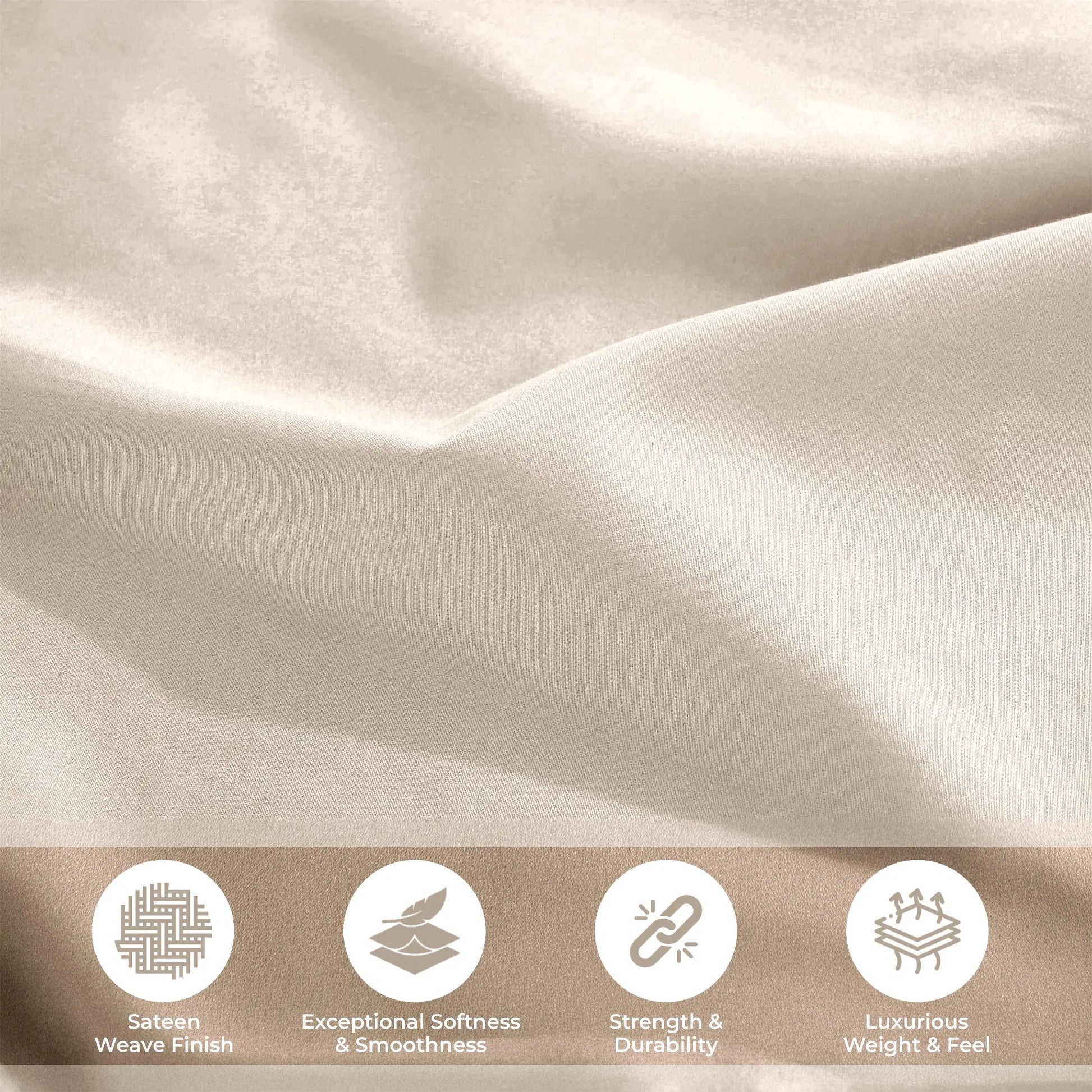 Lifestyle and feature graphic showing ivory 700 Thread Count Egyptian Cotton Sateen fabric texture and quality highlights