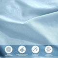 Lifestyle and feature graphic showing light blue 700 Thread Count Egyptian Cotton Sateen fabric texture and quality highlights