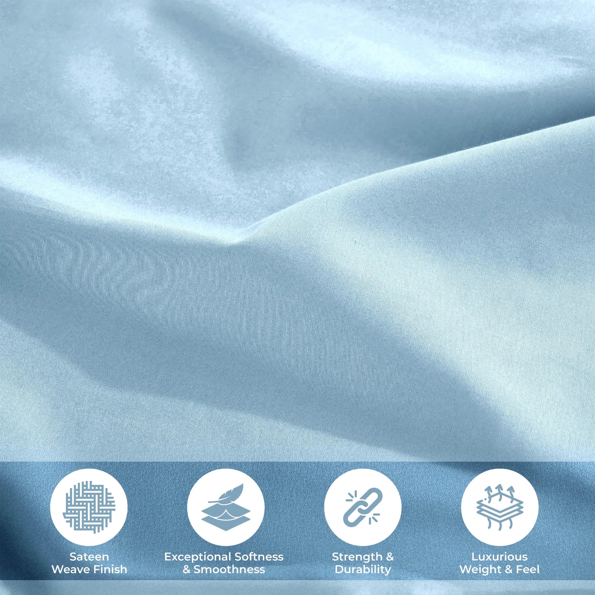 Lifestyle and feature graphic showing light blue 700 Thread Count Egyptian Cotton Sateen fabric texture and quality highlights