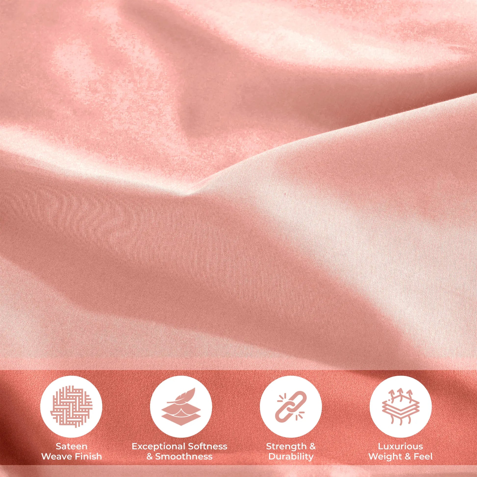Lifestyle and feature graphic showing pink 700 Thread Count Egyptian Cotton Sateen fabric texture and quality highlights