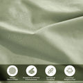Lifestyle and feature graphic showing sage green 700 Thread Count Egyptian Cotton Sateen fabric texture and quality highlights
