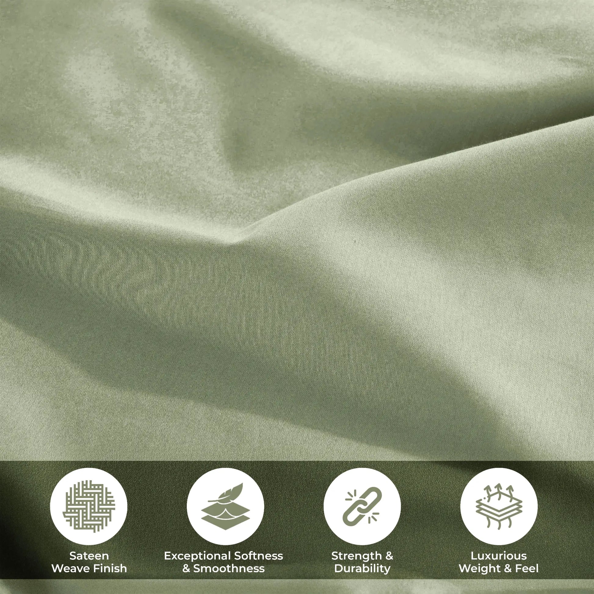 Lifestyle and feature graphic showing sage green 700 Thread Count Egyptian Cotton Sateen fabric texture and quality highlights