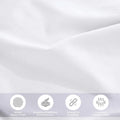 Lifestyle and feature graphic showing white 700 Thread Count Egyptian Cotton Sateen fabric texture and quality highlights