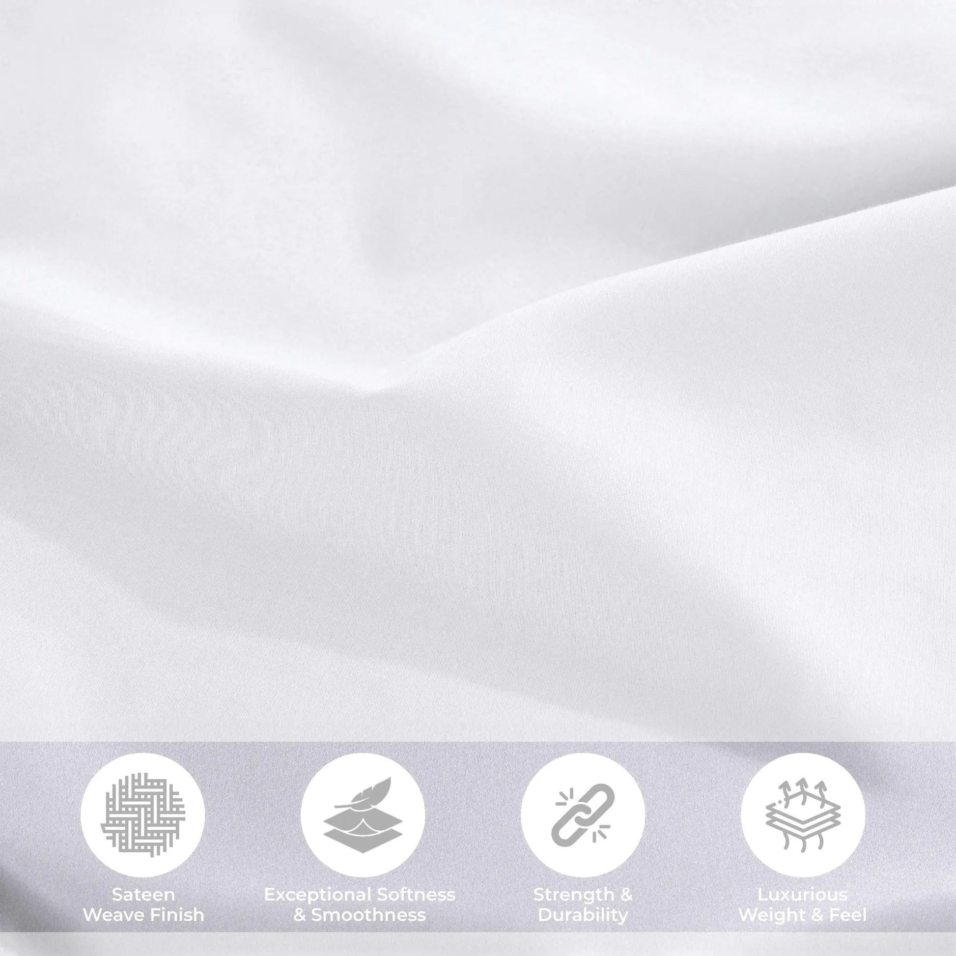 Lifestyle and feature graphic showing white 700 Thread Count Egyptian Cotton Sateen fabric texture and quality highlights