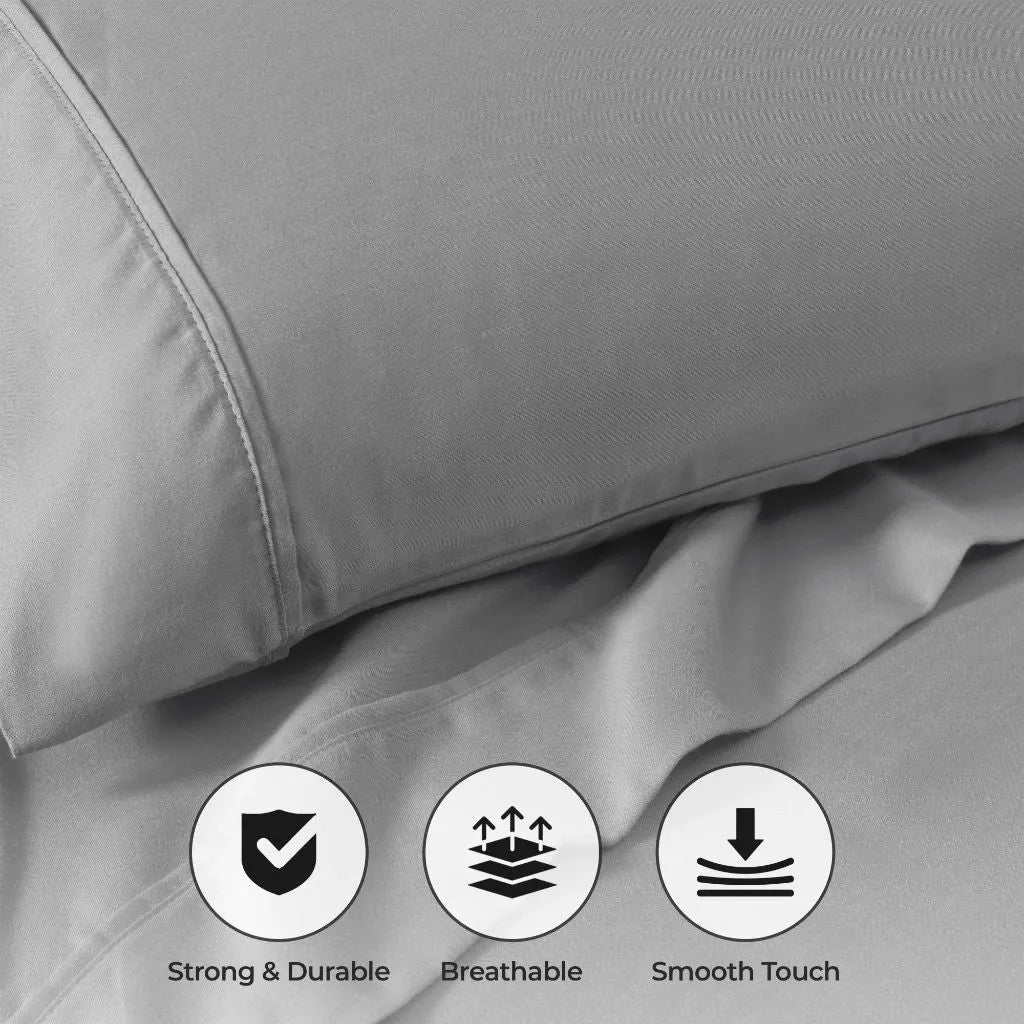 Light Gray 800 Thread Count Cotton Blend Bed Sheet Set infographic highlighting strong, durable, breathable, and smooth touch features.