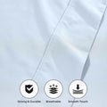 Light blue 1000 Thread Count Cotton Blend Sheets Set solid deep pocket fabric quality feature graphic highlighting durability, breathability, and smooth feel