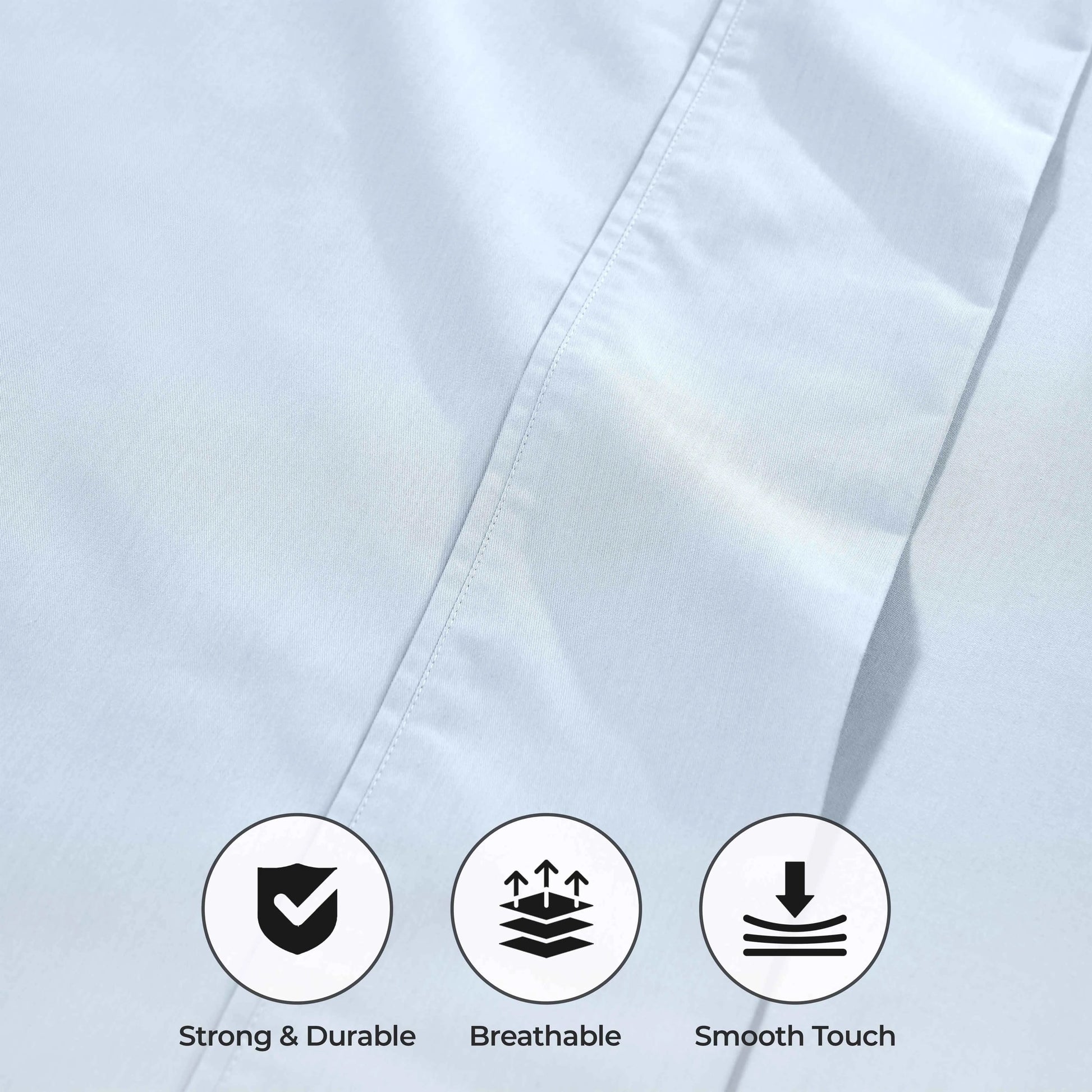 Light blue 1000 Thread Count Cotton Blend Sheets Set solid deep pocket fabric quality feature graphic highlighting durability, breathability, and smooth feel