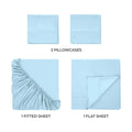 Light blue 300 Thread Count Modal Sheets Set made from beechwood components overview showing pillowcases, fitted sheet, and flat sheet