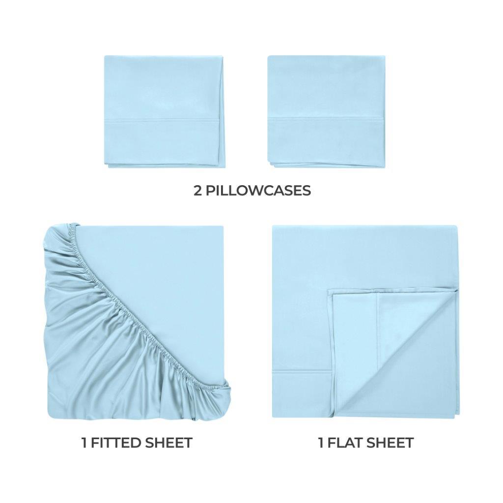 Light blue 300 Thread Count Modal Sheets Set made from beechwood components overview showing pillowcases, fitted sheet, and flat sheet