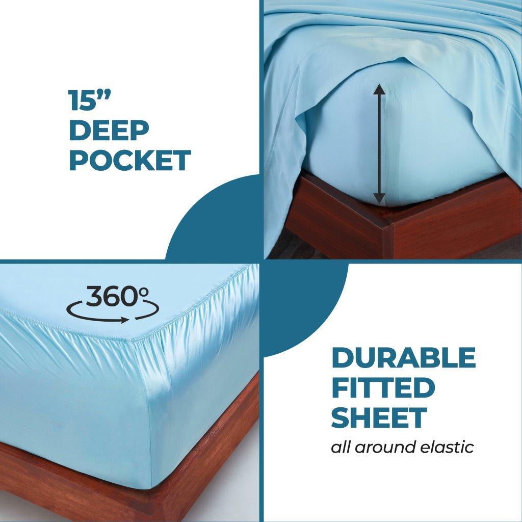 Light blue 300 Thread Count Modal Sheets Set made from beechwood deep pocket and 360-degree elastic fitted sheet feature detail