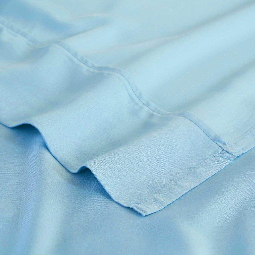 Light blue 300 Thread Count Modal Sheets Set made from beechwood hem and stitching detail close-up view