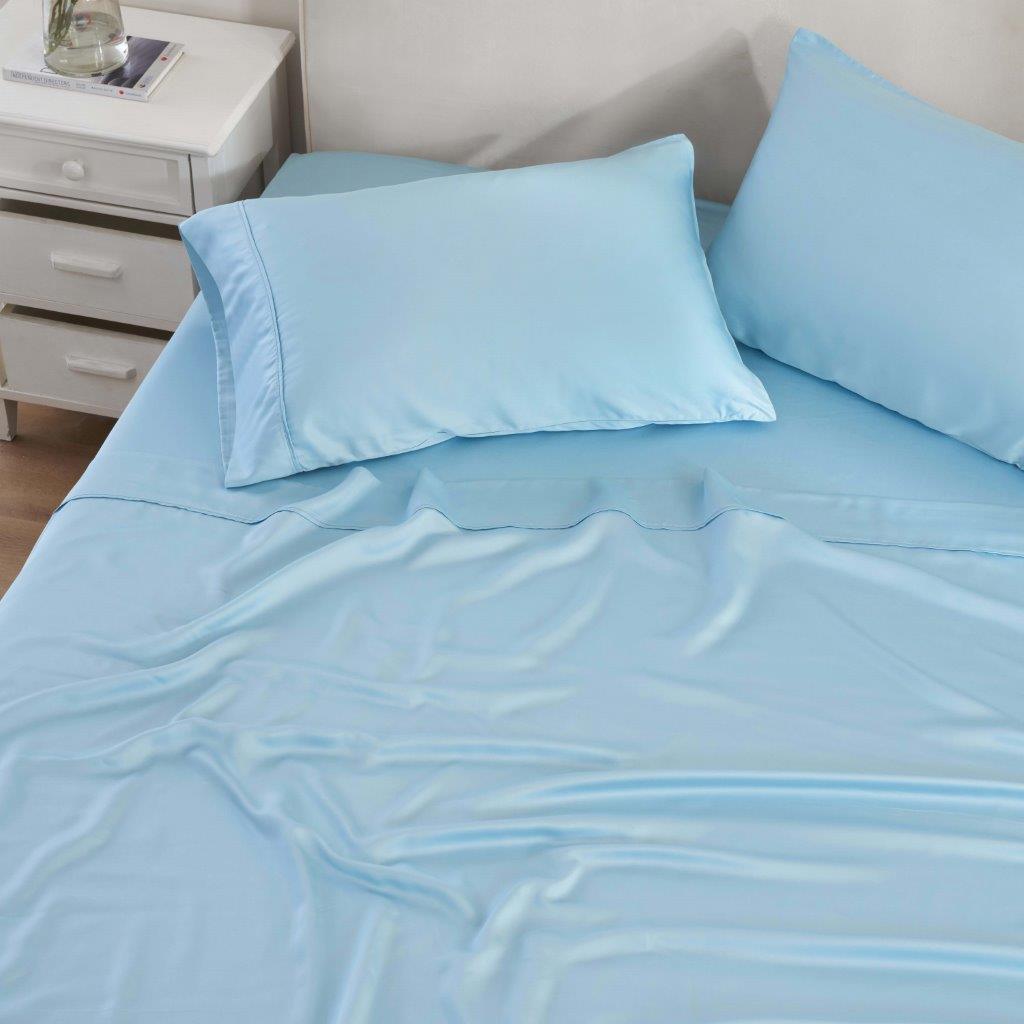 Light blue 300 Thread Count Modal Sheets Set made from beechwood lifestyle close-up view