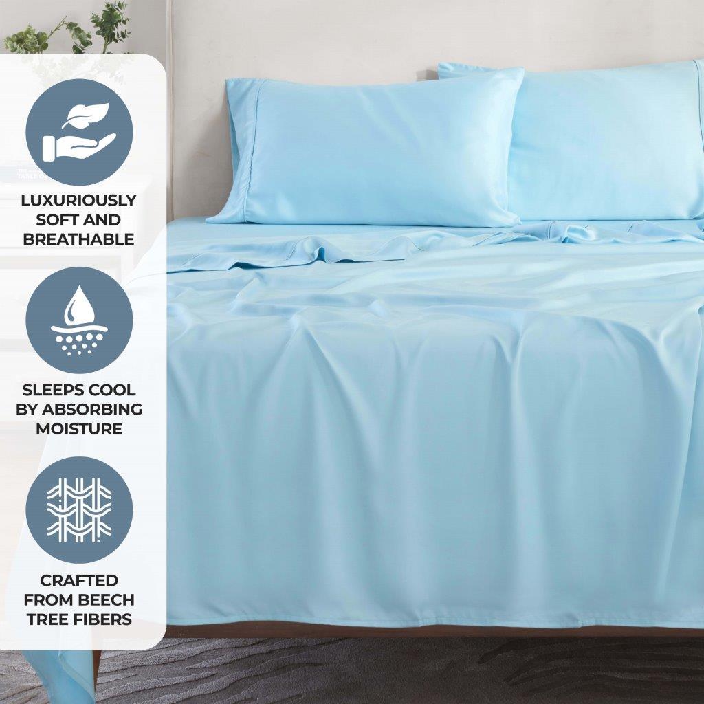 Light blue 300 Thread Count Modal Sheets Set made from beechwood promotional feature graphic showcasing breathability, moisture absorption, and beechwood material