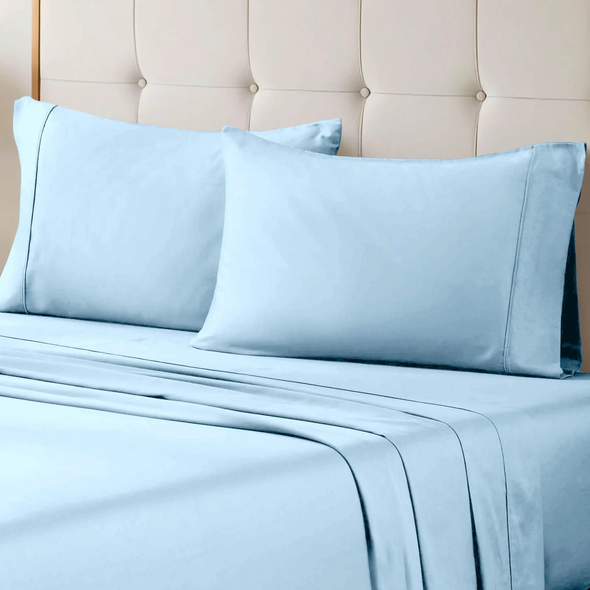 Light blue 700 Thread Count Egyptian Cotton Sateen Bed Sheet Set displayed