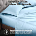 Light blue 700 Thread Count Egyptian Cotton Sateen Bed Sheet Set promotional lifestyle image with features