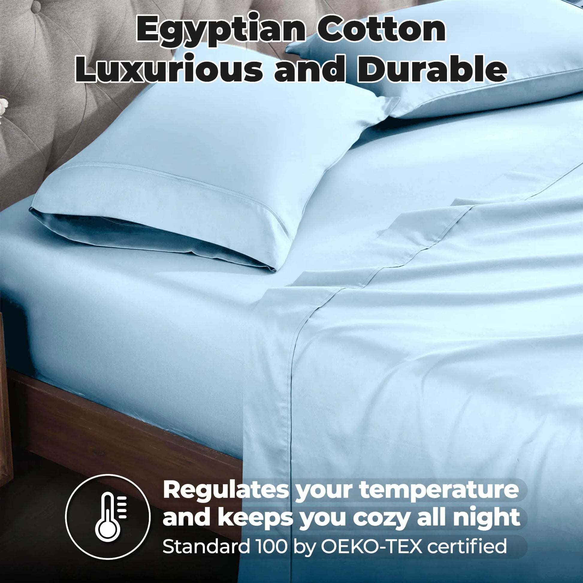 Light blue 700 Thread Count Egyptian Cotton Sateen Bed Sheet Set promotional lifestyle image with features