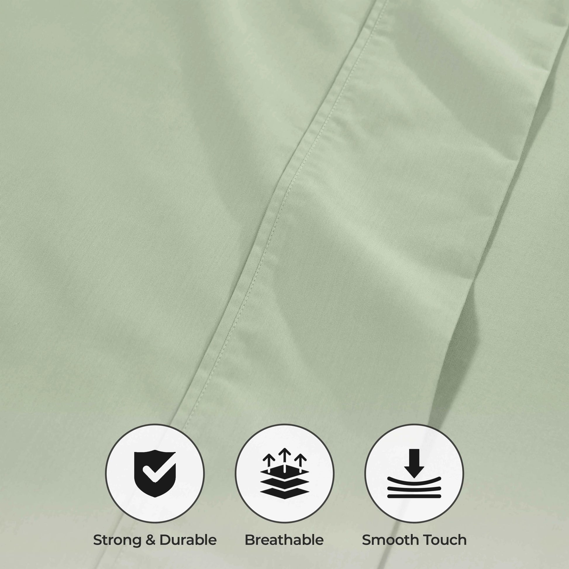 Light green 1000 Thread Count Cotton Blend Sheets Set solid deep pocket fabric quality feature graphic highlighting durability, breathability, and smooth feel