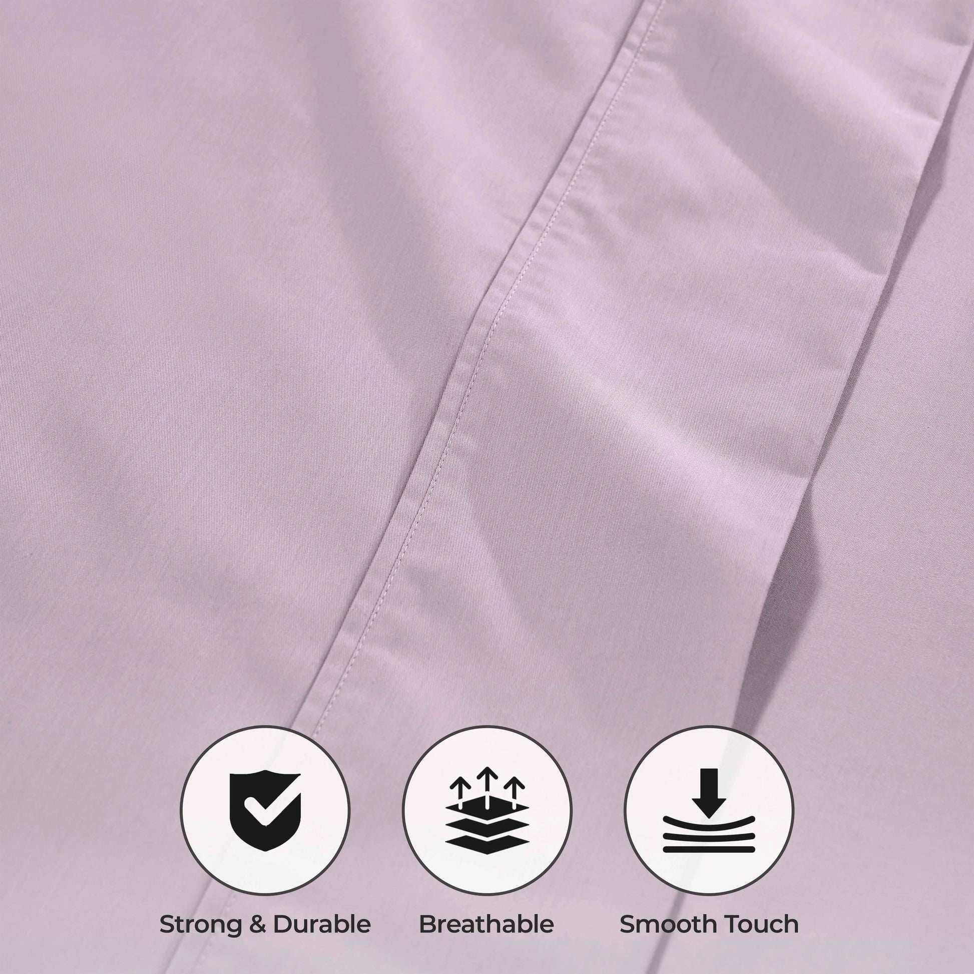 Lilac 1000 Thread Count Cotton Blend Sheets Set solid deep pocket fabric quality feature graphic highlighting durability, breathability, and smooth feel