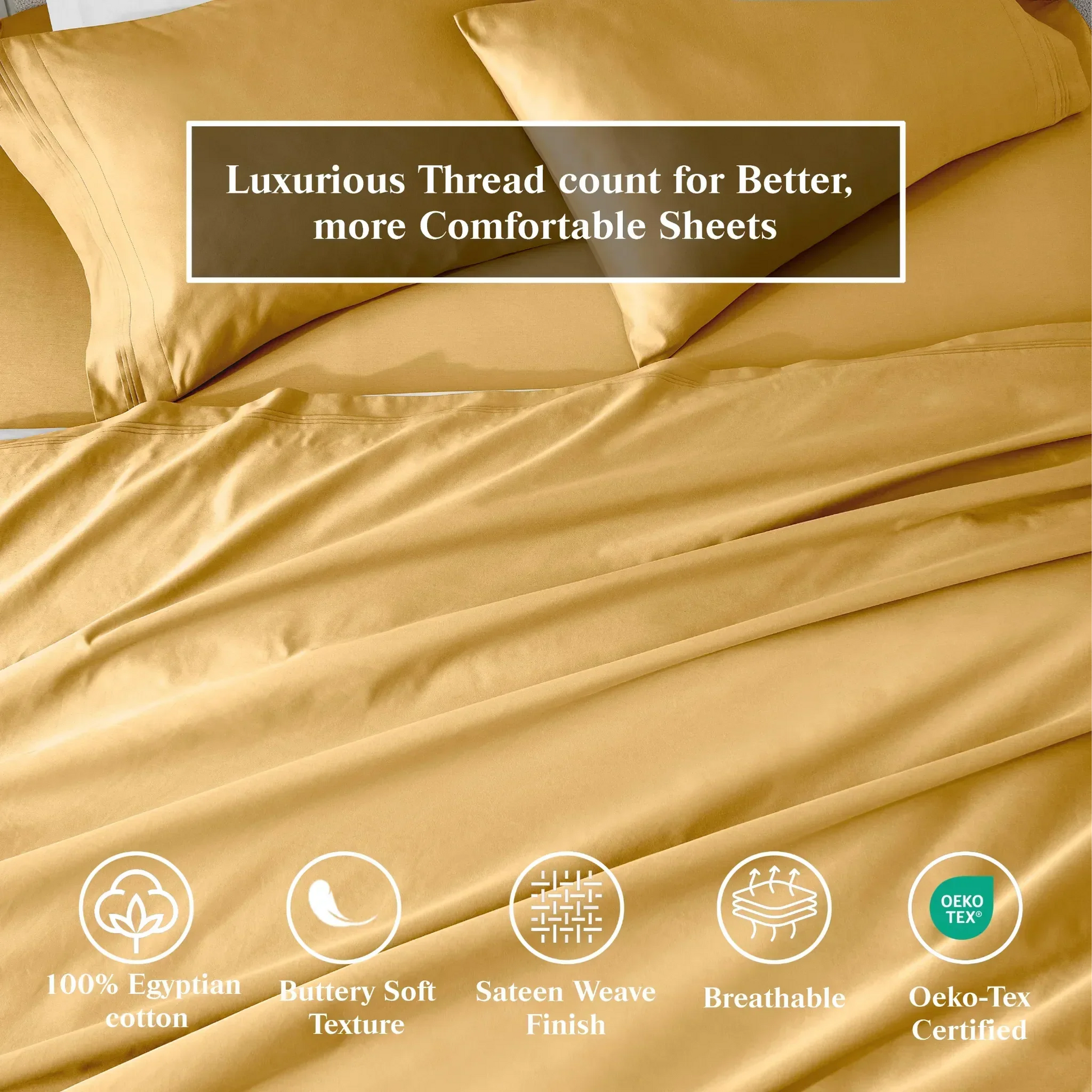 Maple Sugar Egyptian Cotton Sateen Sheet Set infographic highlighting product features and Oeko-Tex certification