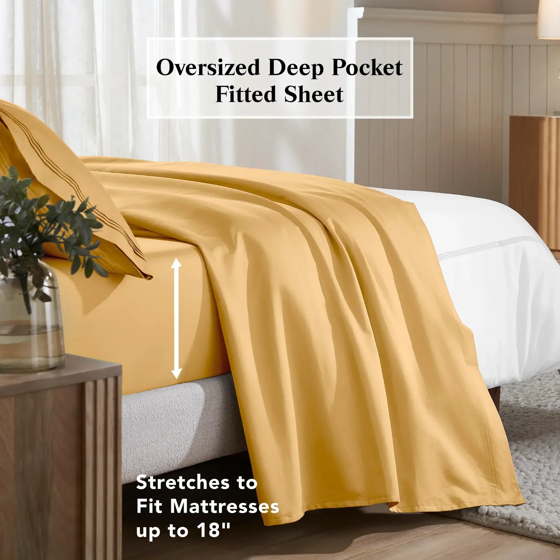 Maple sugar deep pocket fitted sheet showing an 18-inch mattress fit feature
