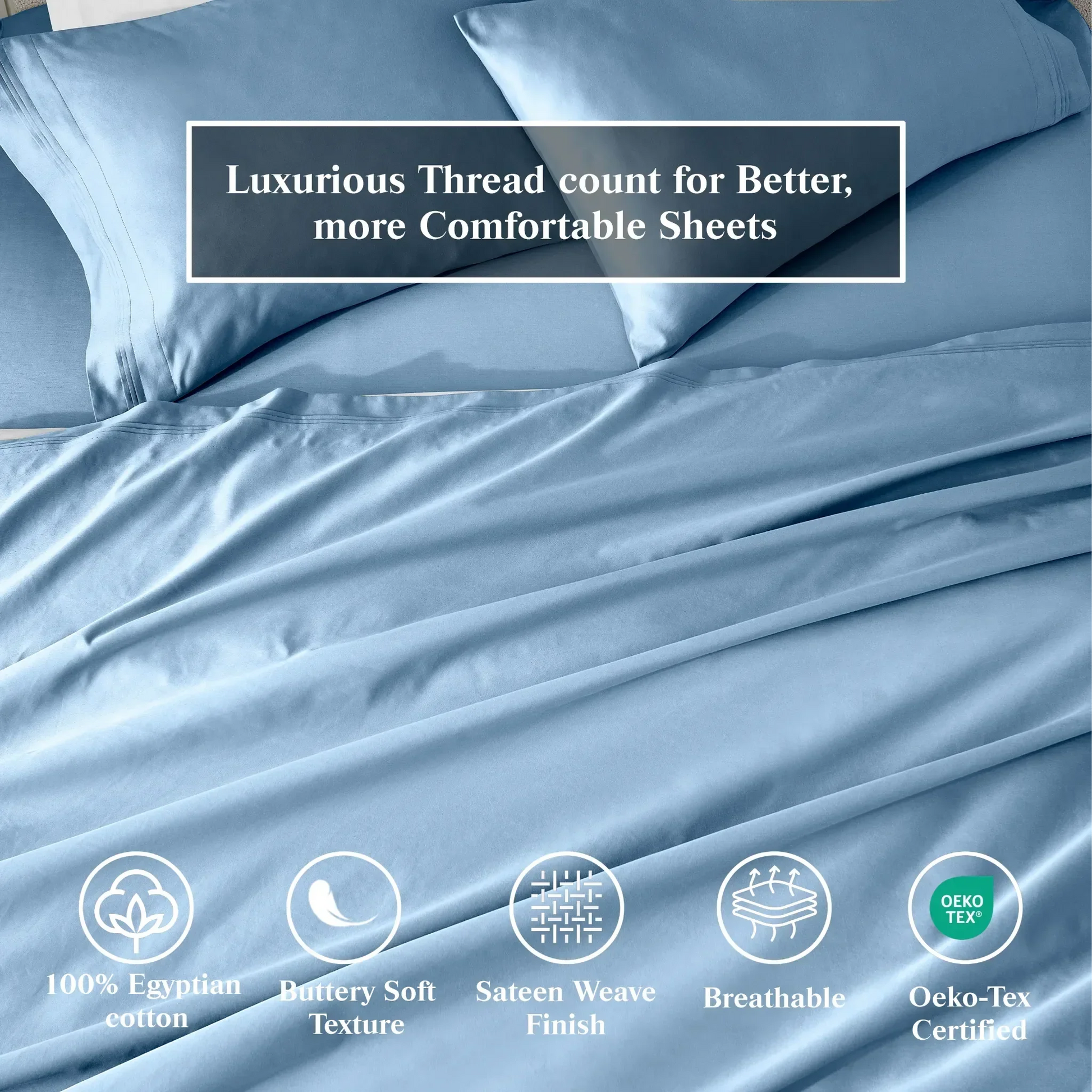Medium blue Egyptian Cotton Sateen fabric texture and weave close-up