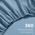 Medium blue Egyptian Cotton fitted sheet showing 360-degree all-around elastic feature