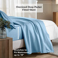 Medium blue deep pocket fitted sheet showing an 18-inch mattress fit feature