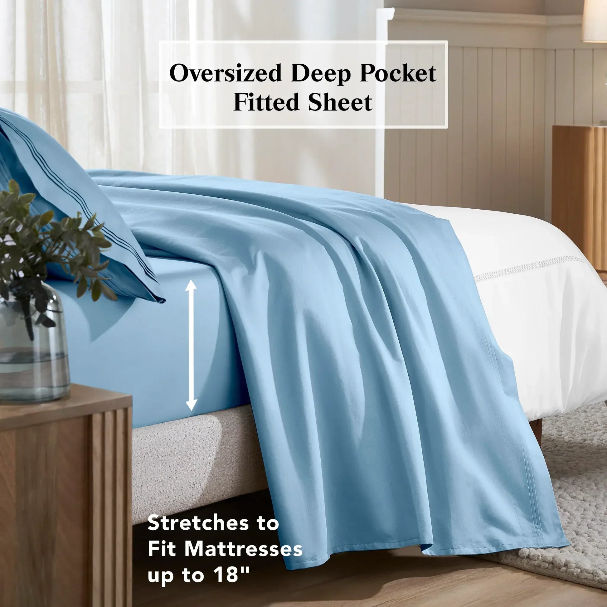 Medium blue deep pocket fitted sheet showing an 18-inch mattress fit feature