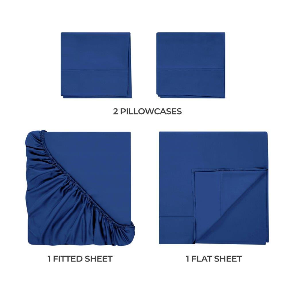 Navy blue 300 Thread Count Modal Sheets Set made from beechwood components overview showing pillowcases, fitted sheet, and flat sheet