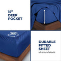 Navy blue 300 Thread Count Modal Sheets Set made from beechwood deep pocket and 360-degree elastic fitted sheet feature detail