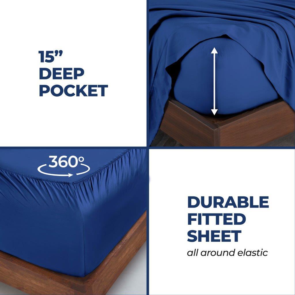 Navy blue 300 Thread Count Modal Sheets Set made from beechwood deep pocket and 360-degree elastic fitted sheet feature detail