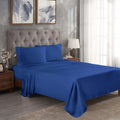 Navy blue 300 Thread Count Modal Sheets Set made from beechwood displayed on a modern staged bed