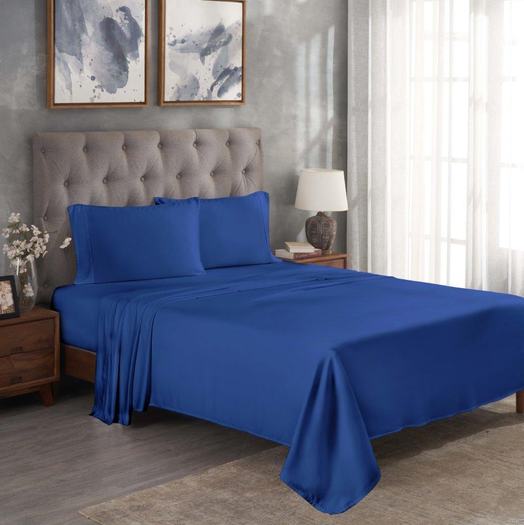 Navy blue 300 Thread Count Modal Sheets Set made from beechwood displayed on a modern staged bed