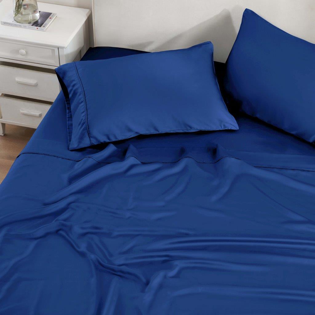 Navy blue 300 Thread Count Modal Sheets Set made from beechwood lifestyle close-up view