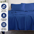 Navy blue 300 Thread Count Modal Sheets Set made from beechwood promotional feature graphic showcasing breathability, moisture absorption, and beechwood material