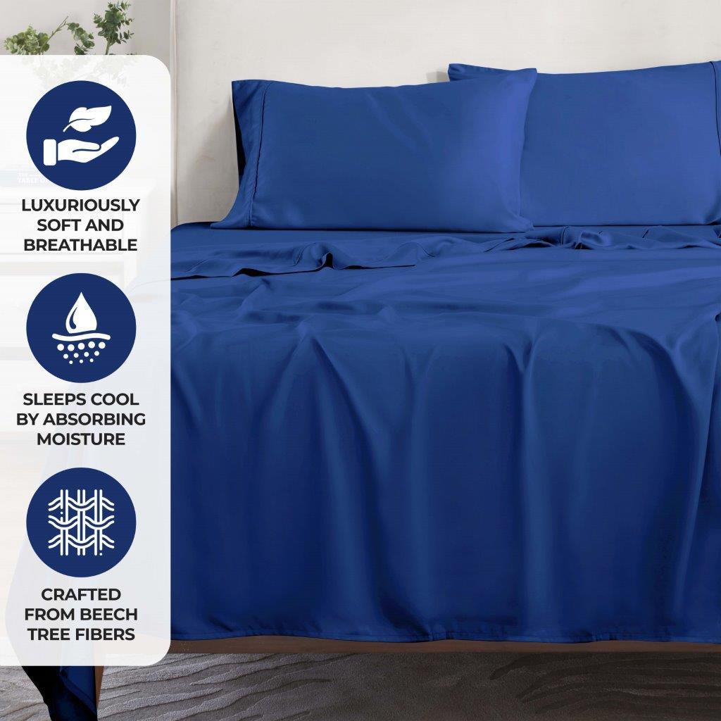 Navy blue 300 Thread Count Modal Sheets Set made from beechwood promotional feature graphic showcasing breathability, moisture absorption, and beechwood material
