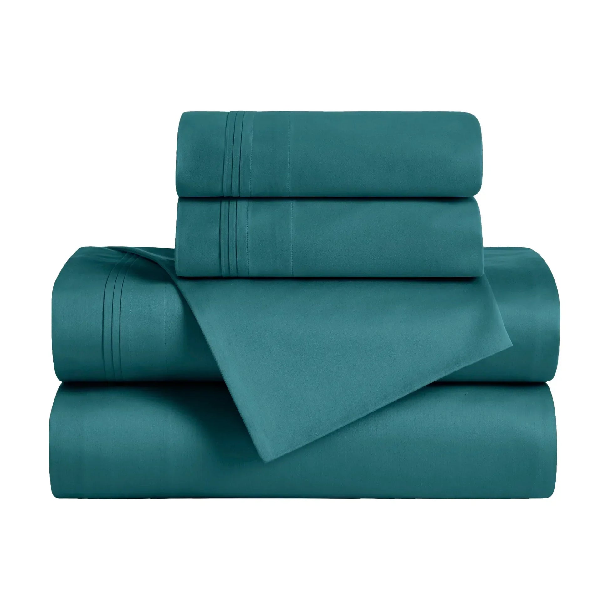 Neatly folded Caribbean blue Egyptian Cotton Sateen Sheet Set against a white background