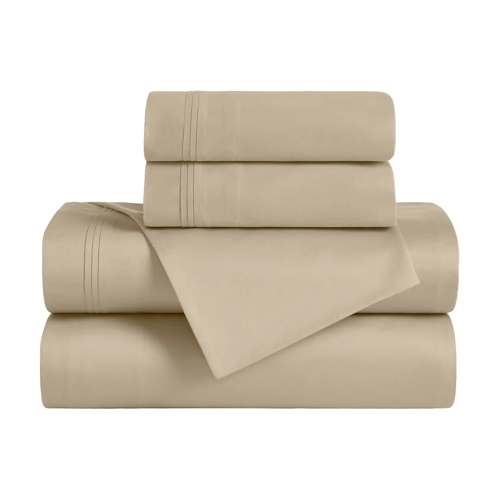 Neatly folded linen Egyptian Cotton Sateen Sheet Set against a white background
