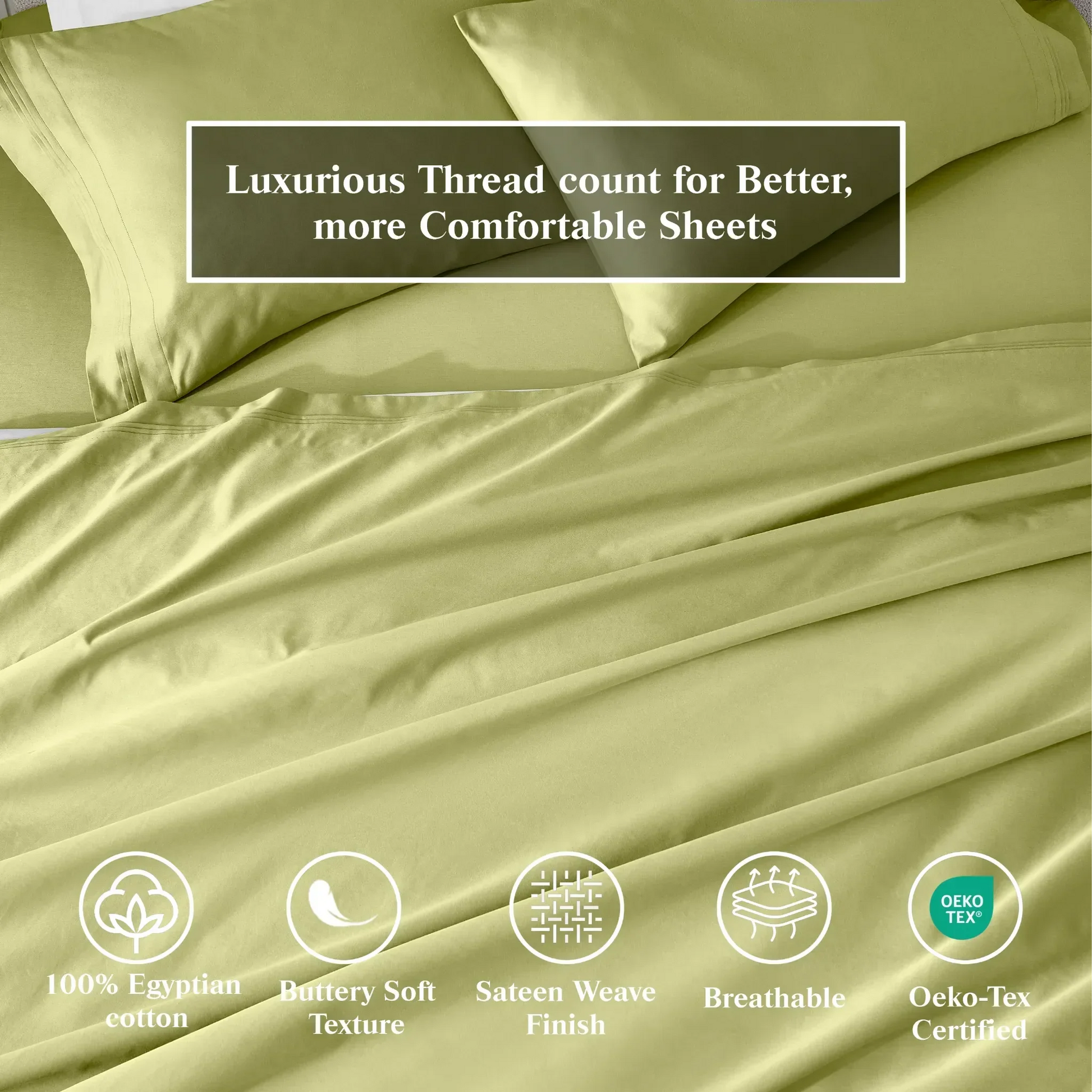 Olive green 650 thread count Egyptian cotton sheets with a sateen weave, breathable fabric and OEKO-TEX certification.