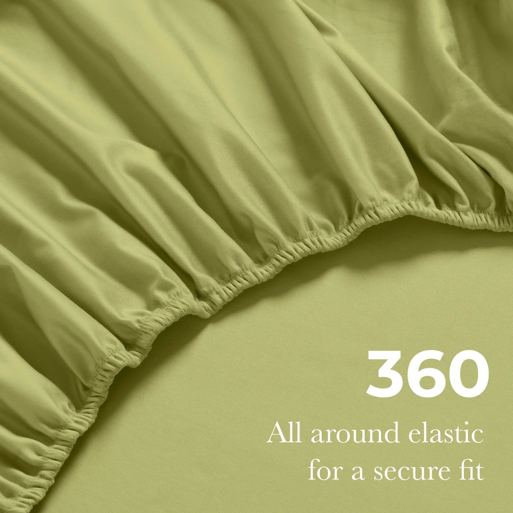 Olive green Egyptian Cotton fitted sheet showing 360-degree all-around elastic feature