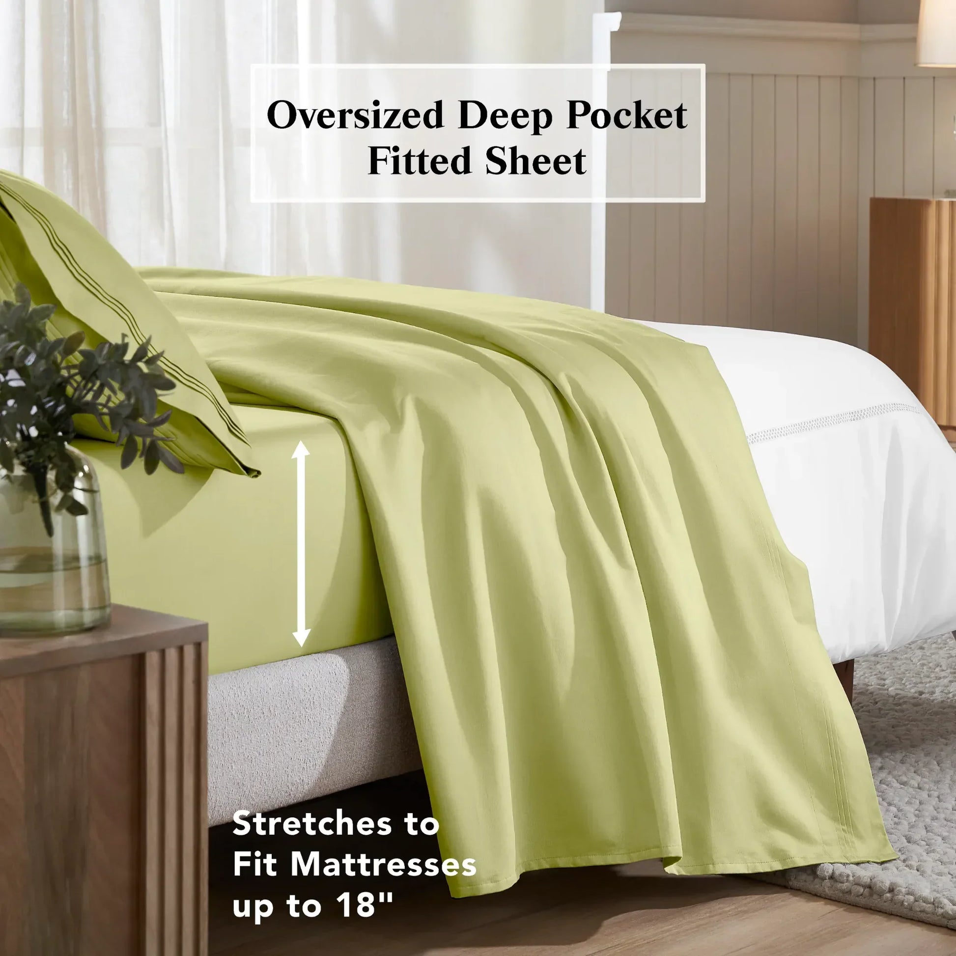 Olive green deep pocket fitted sheet showing an 18-inch mattress fit feature
