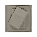 Overhead flat lay view of a neatly folded dark grey cotton blend bed sheet set.