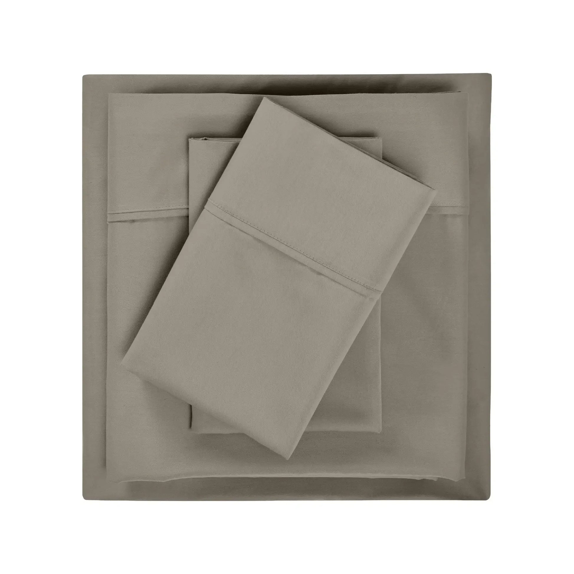 Overhead flat lay view of a neatly folded dark grey cotton blend bed sheet set.