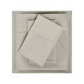 Overhead flat lay view of a neatly folded stone gray cotton blend bed sheet set.