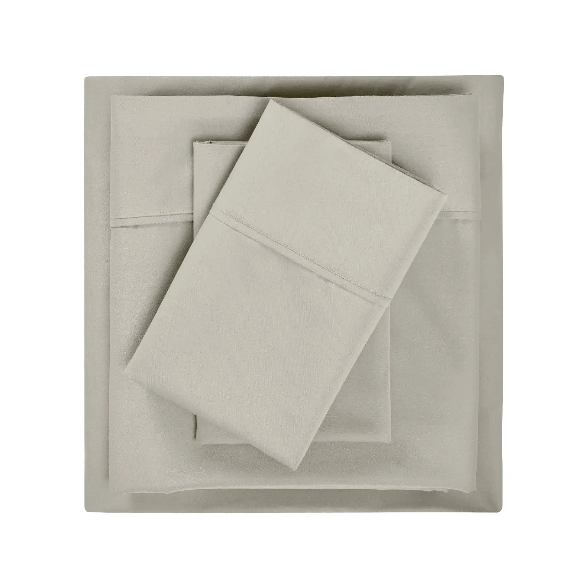 Overhead flat lay view of a neatly folded stone gray cotton blend bed sheet set.