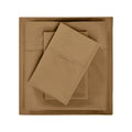 Overhead flat lay view of a neatly folded taupe brown cotton blend bed sheet set
