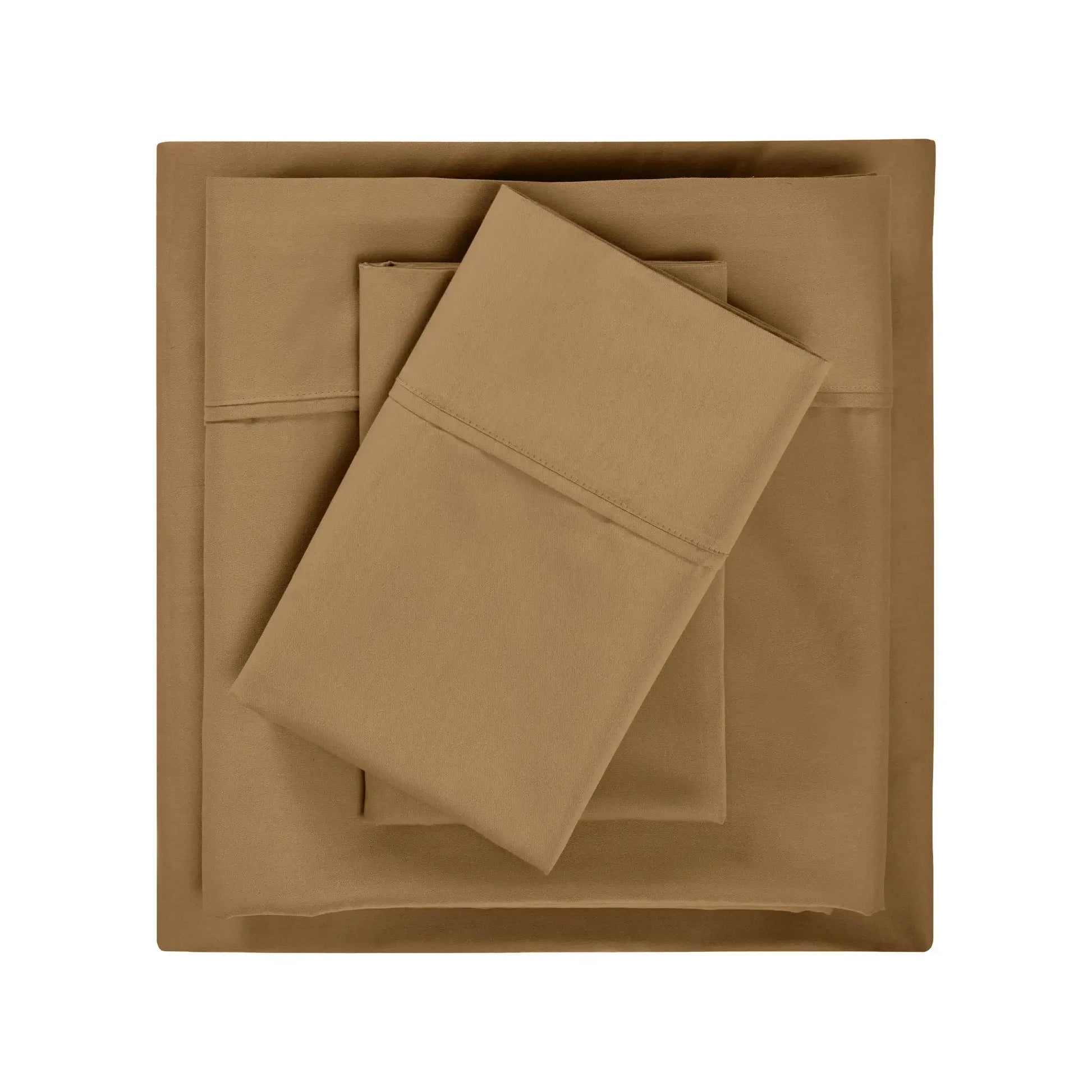 Overhead flat lay view of a neatly folded taupe brown cotton blend bed sheet set