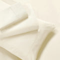 Overhead view of folded cream cotton blend bed sheets and matching cream pillowcase layout.