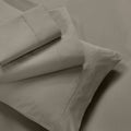 Overhead view of folded dark grey cotton blend bed sheets and matching grey pillowcase layout
